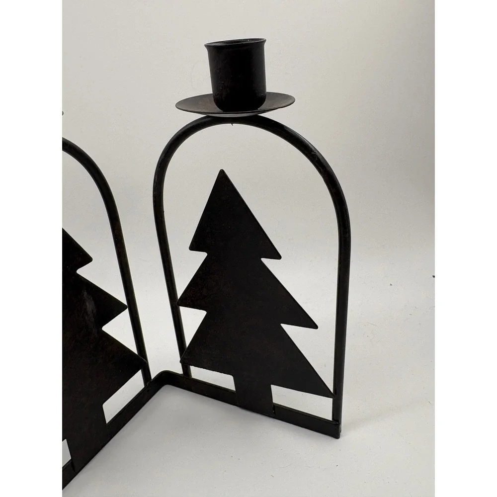 Vintage Rustic Metal Pine Tree 3 Cup Taper Candle Holder Accordion Centerpiece